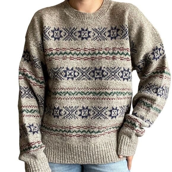 Vintage 80s Womens Wool Geometric Fair Isle Grandpa Oversized Sweater Sz L - Picture 6 of 6